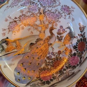 Andrea By Sadek Gold and Pink Peacock Ceramic Plate